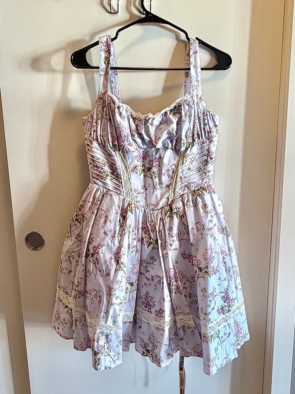 NWT house of cb KIMMIE Lilac Ribbon Print Cotton Mini Dress - Picture 2 of 4